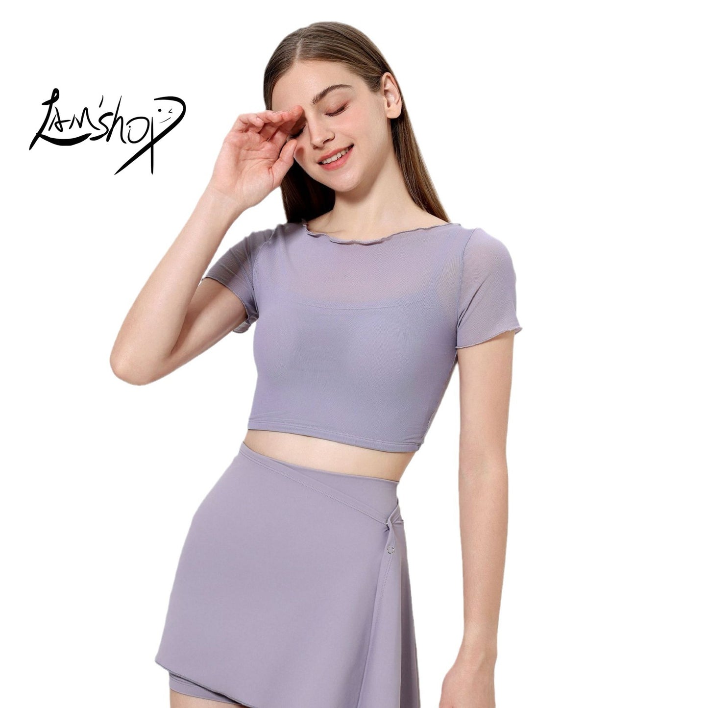 Lamshop fake two-piece mesh sports T-shirt women's short sleeves with chest pads, yoga clothes, navel tops, quick-drying and thin fitness