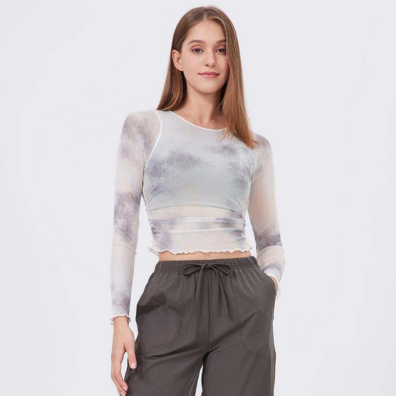 Lamshop gradual change yarn fake two sports T-shirt women's long sleeves chest pad yoga clothes mesh top quick drying and thin fitness clothes