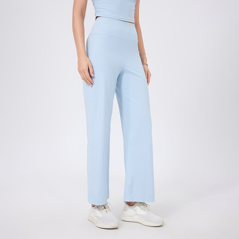 Lamshop high waist belly sports loose straight trousers women's quick-drying running thin fitness pants with pockets nude yoga pants