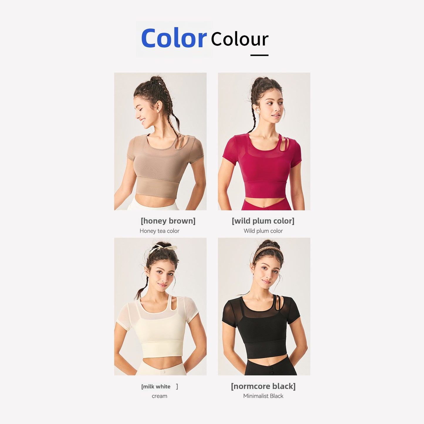 Lamshop's new hollowed-out waist mesh yoga short-sleeved indoor and outdoor sports quick-drying fake two fashionable versatile fitness tops