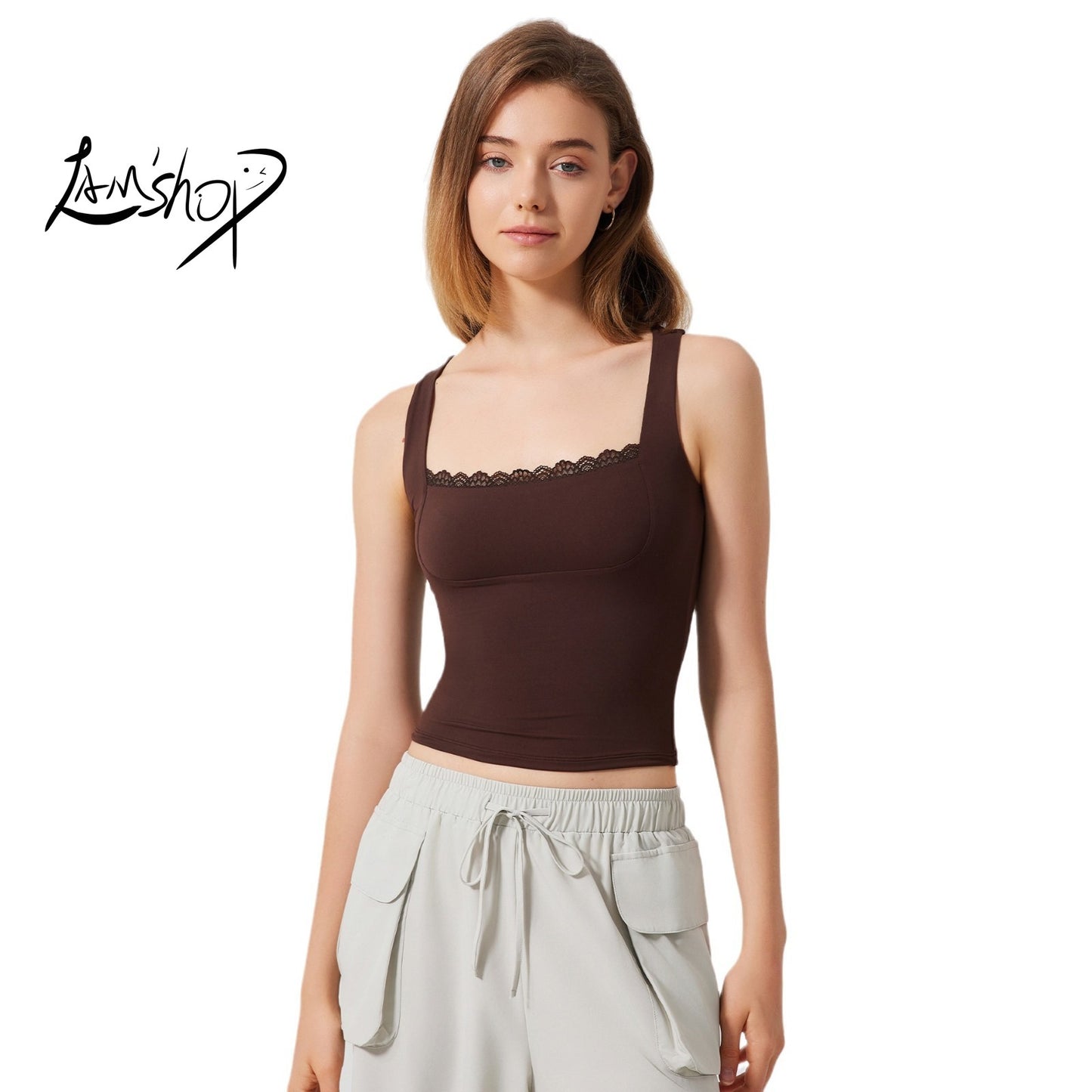Lamshop beautiful back sports vest women's nude lace yoga clothes double layer T-shirt outside breathable running fitness top