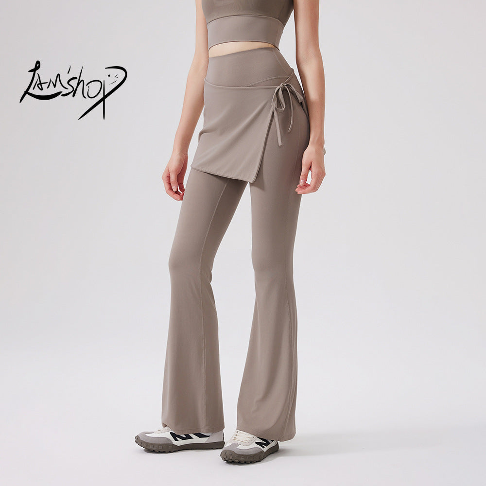 Lamshop two-piece set high waist cool antibacterial nude yoga pants fart curtain wear running pants breathable fitness flared pants