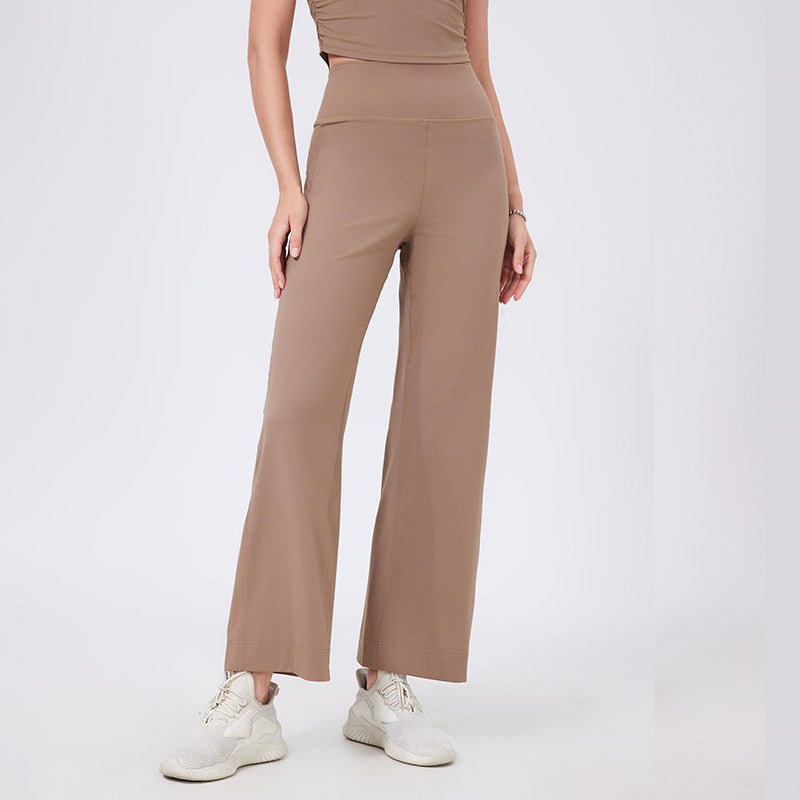 Lamshop high waist belly sports loose straight trousers women's quick-drying running thin fitness pants with pockets nude yoga pants