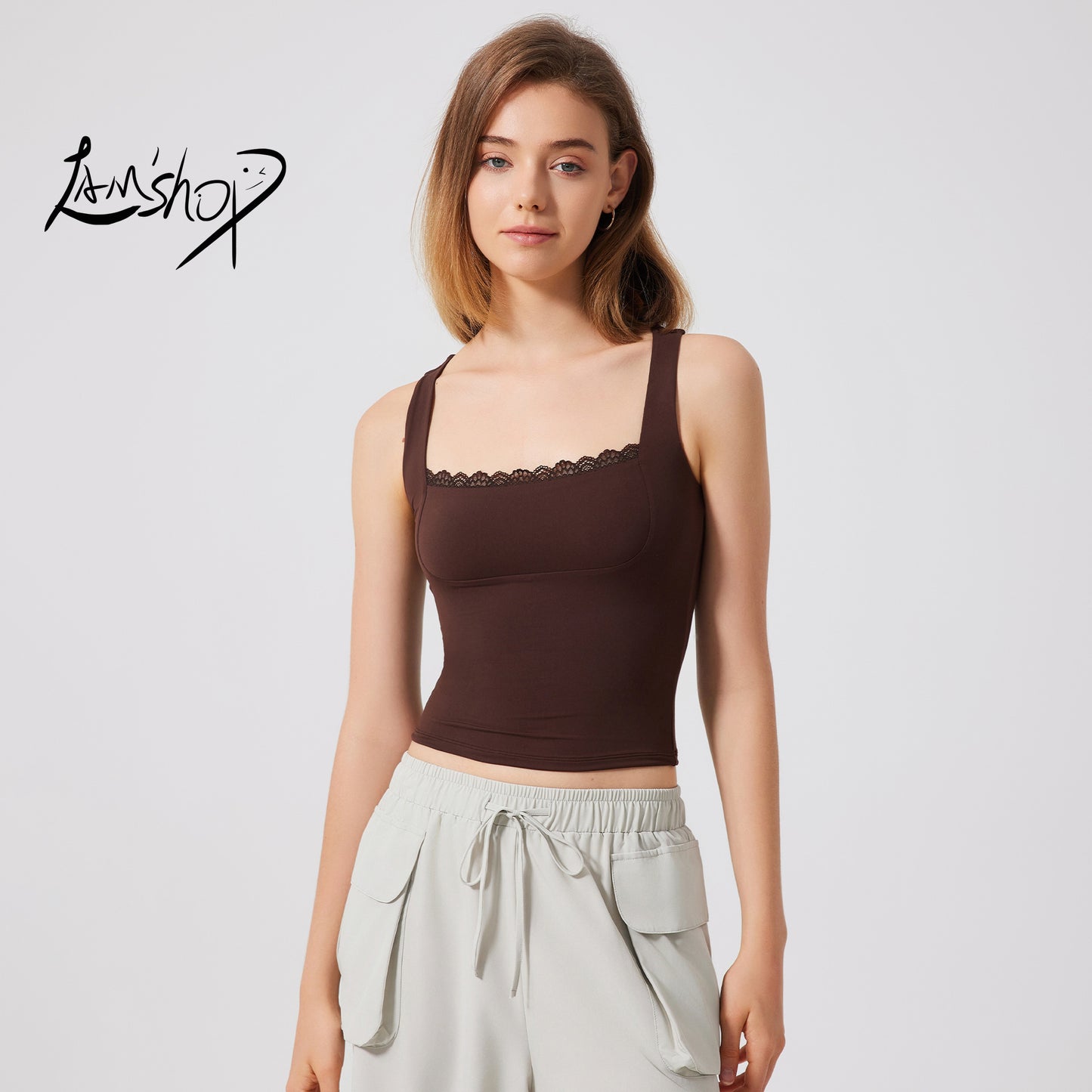 Lamshop beautiful back sports vest women's nude lace yoga clothes double layer T-shirt outside breathable running fitness top