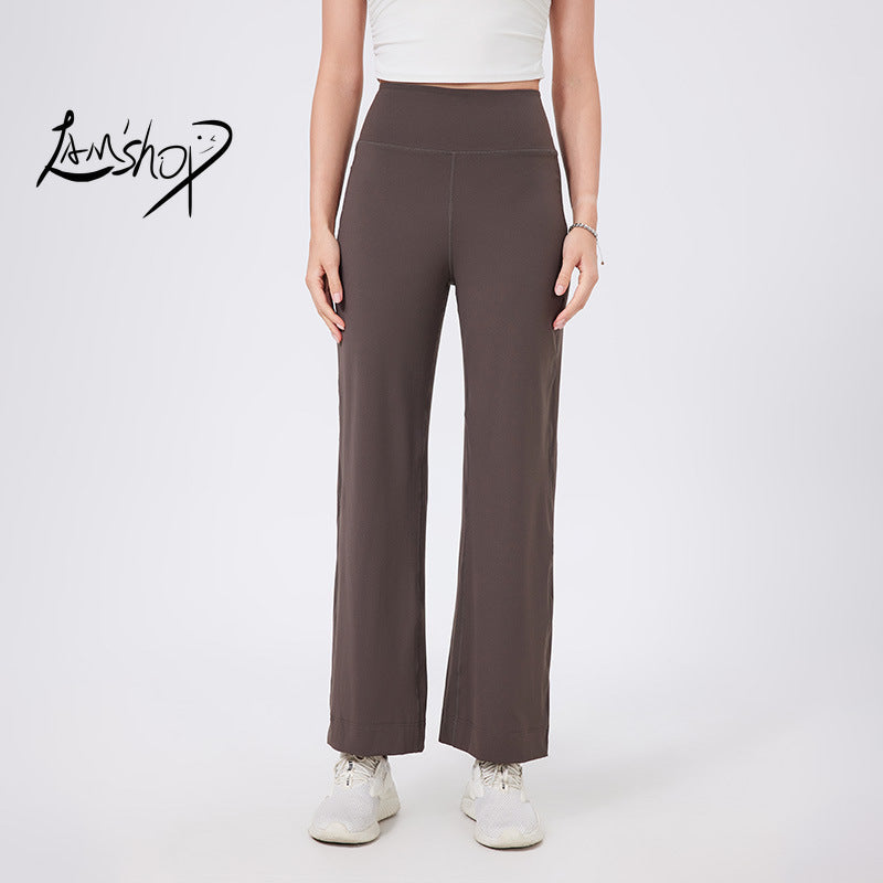 Lamshop high waist belly sports loose straight trousers women's quick-drying running thin fitness pants with pockets nude yoga pants