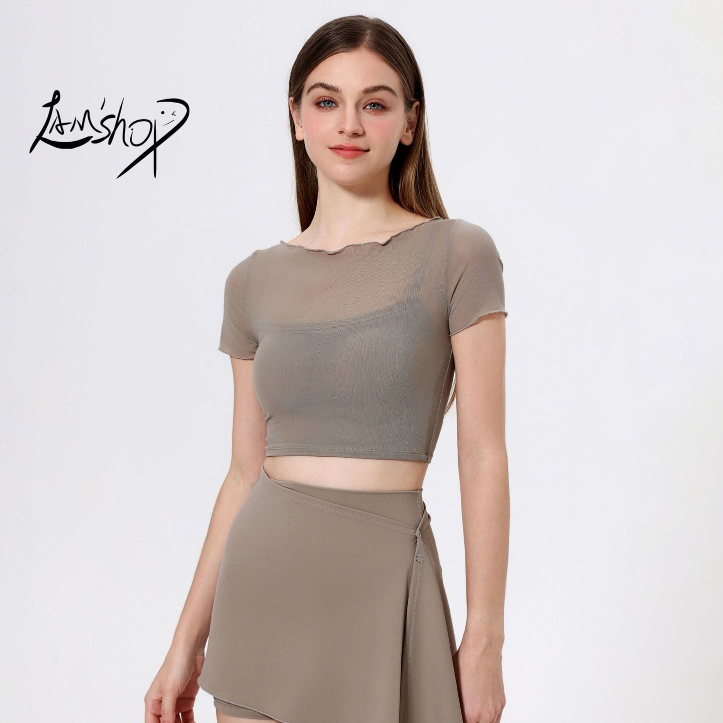 Lamshop fake two-piece mesh sports T-shirt women's short sleeves with chest pads, yoga clothes, navel tops, quick-drying and thin fitness