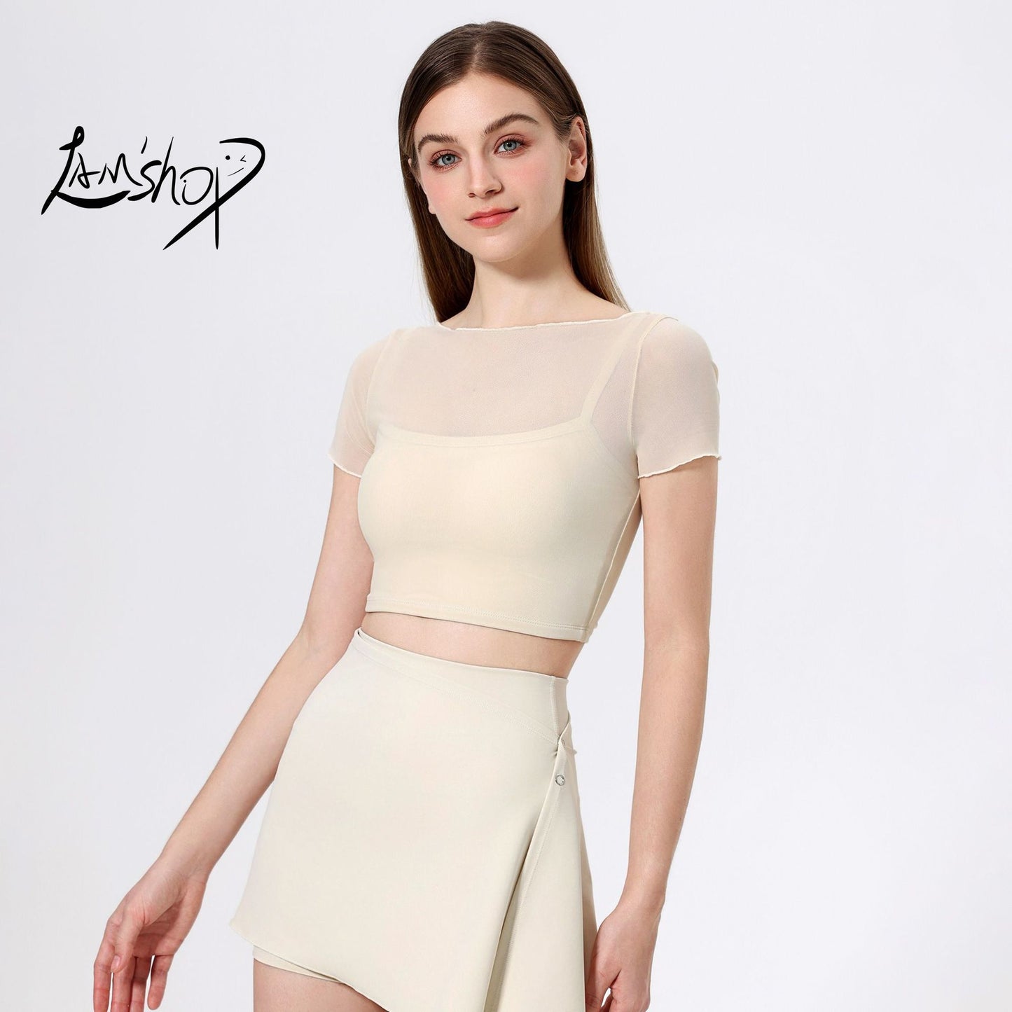 Lamshop fake two-piece mesh sports T-shirt women's short sleeves with chest pads, yoga clothes, navel tops, quick-drying and thin fitness