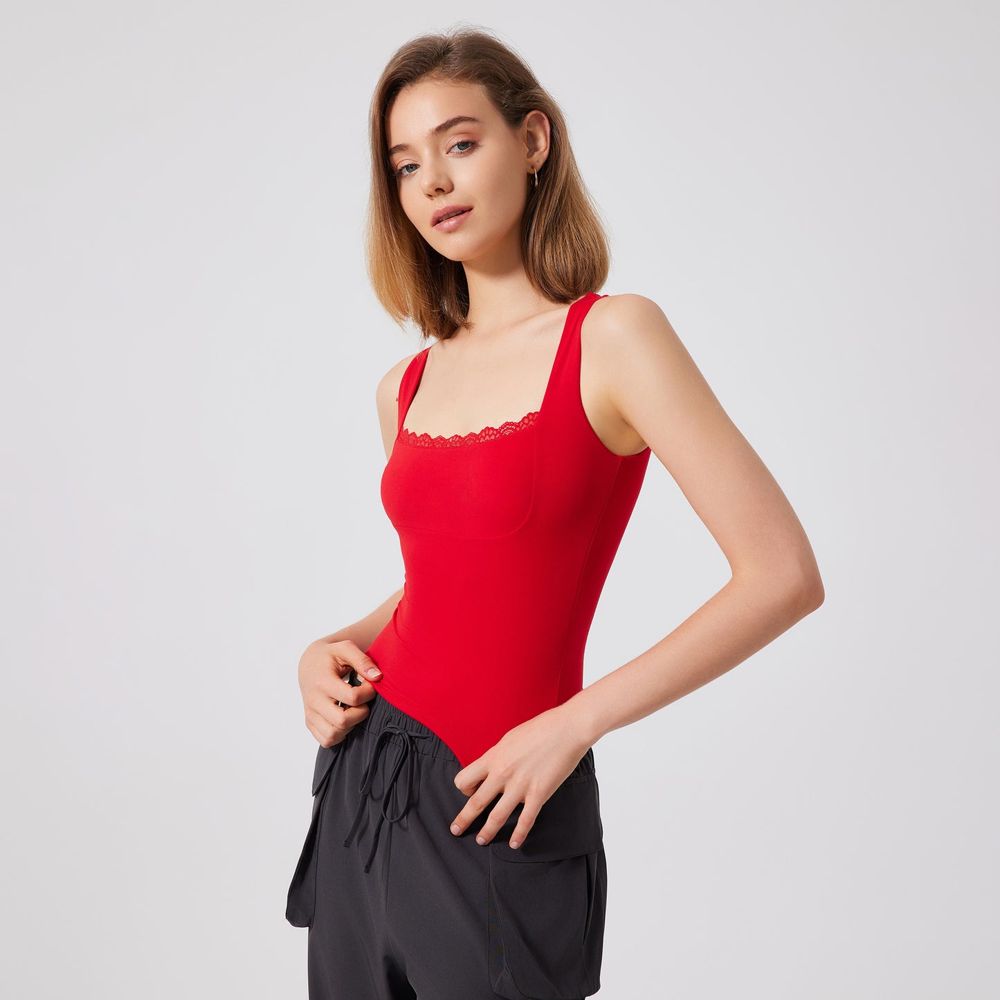 Lamshop beautiful back sports vest women's nude lace yoga clothes double layer T-shirt outside breathable running fitness top