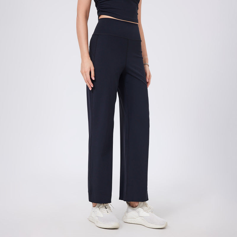 Lamshop high waist belly sports loose straight trousers women's quick-drying running thin fitness pants with pockets nude yoga pants