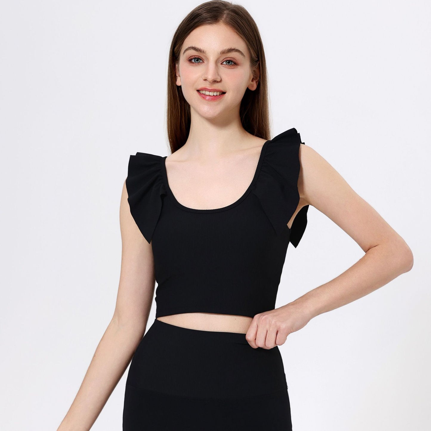 Lamshop outer wear sports beauty back fixed cup lace sleeves gathered belly thin yoga clothes fitness clothes underwear