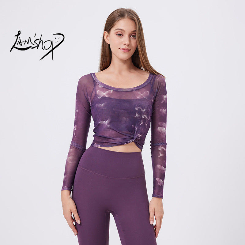 Lamshop flower butterfly fake two-piece sports T-shirt women's long sleeves, chest pad, yoga clothes, mesh top, quick-drying and thin fitness clothes