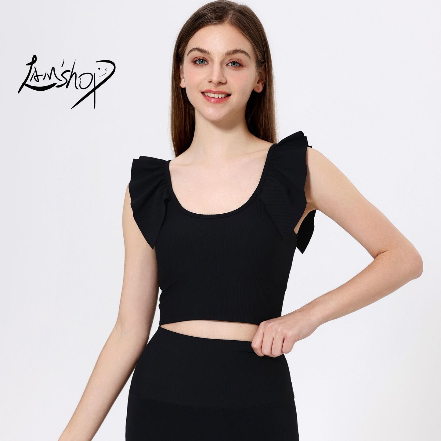 Lamshop outer wear sports beauty back fixed cup lace sleeves gathered belly thin yoga clothes fitness clothes underwear