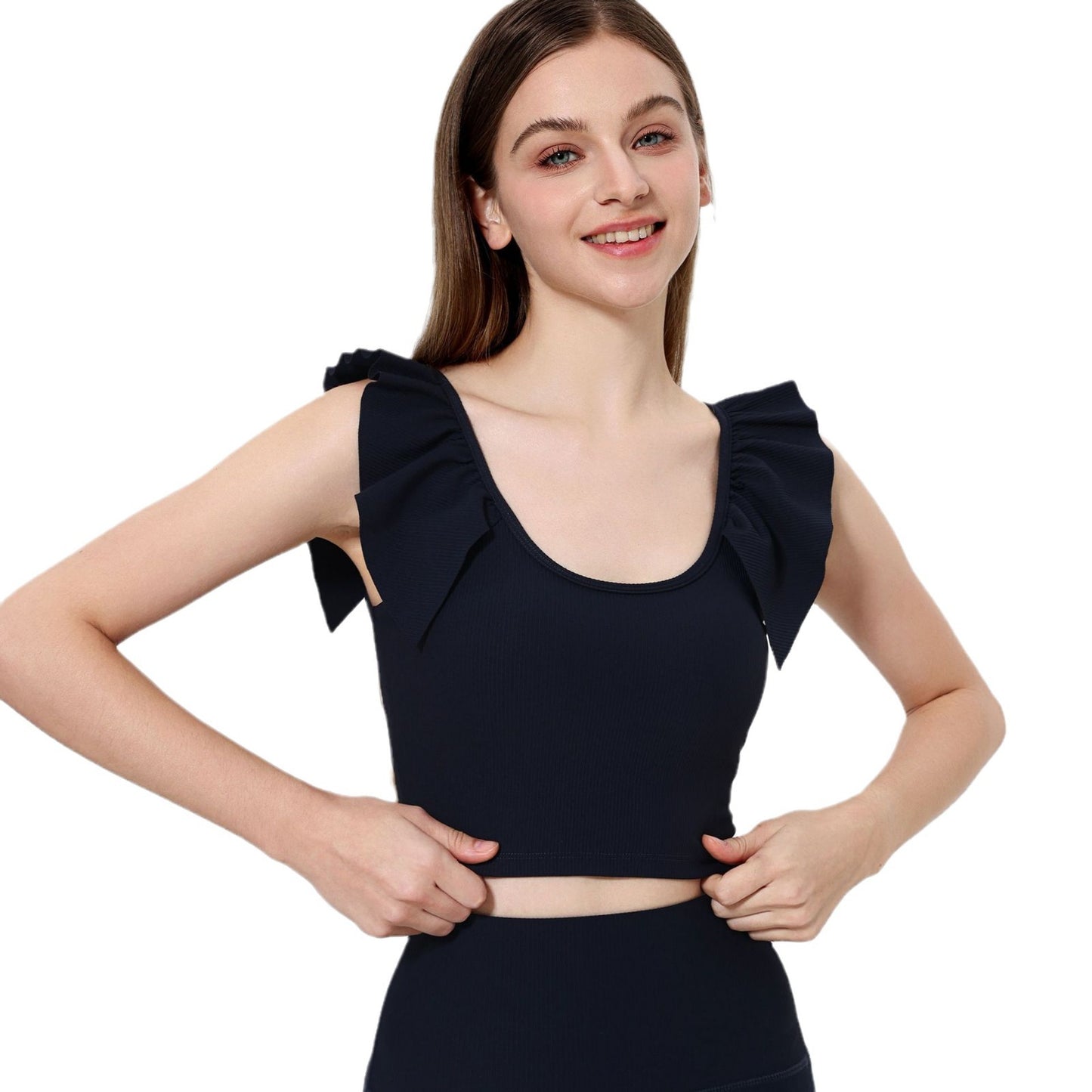 Lamshop outer wear sports beauty back fixed cup lace sleeves gathered belly thin yoga clothes fitness clothes underwear