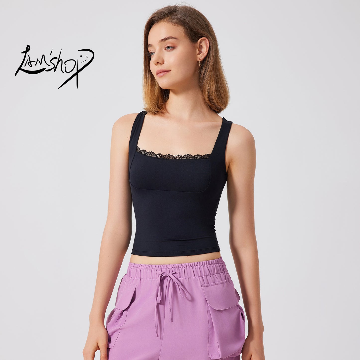 Lamshop beautiful back sports vest women's nude lace yoga clothes double layer T-shirt outside breathable running fitness top