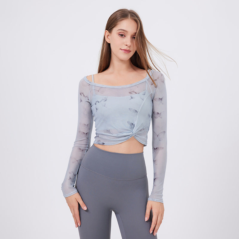 Lamshop flower butterfly fake two-piece sports T-shirt women's long sleeves, chest pad, yoga clothes, mesh top, quick-drying and thin fitness clothes