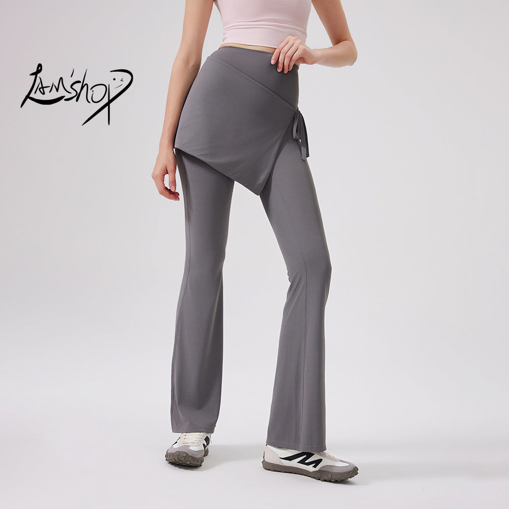 Lamshop two-piece set high waist cool antibacterial nude yoga pants fart curtain wear running pants breathable fitness flared pants