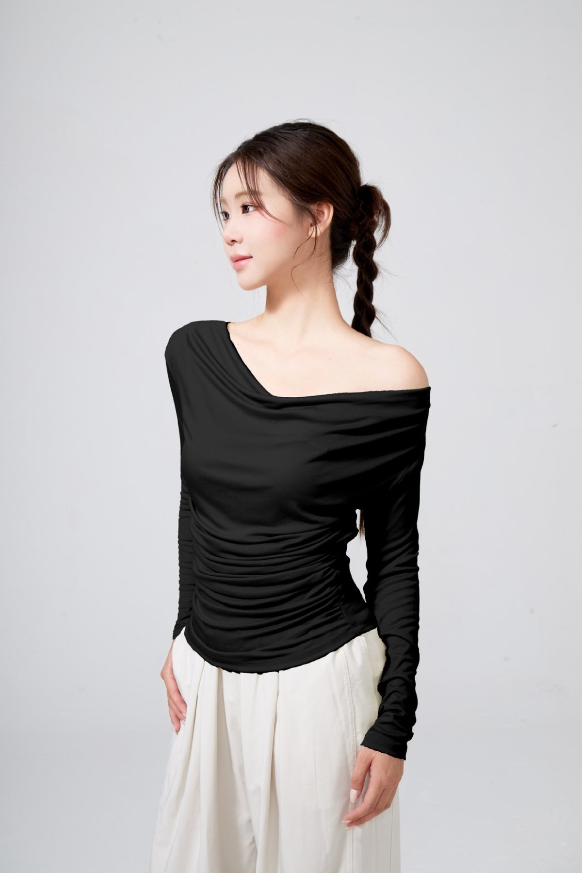 Fall and winterslimming look swing collar blouse side waist shirring korean style yoga clothes long sleeves sloping shoulders gentle yoga tops for women
