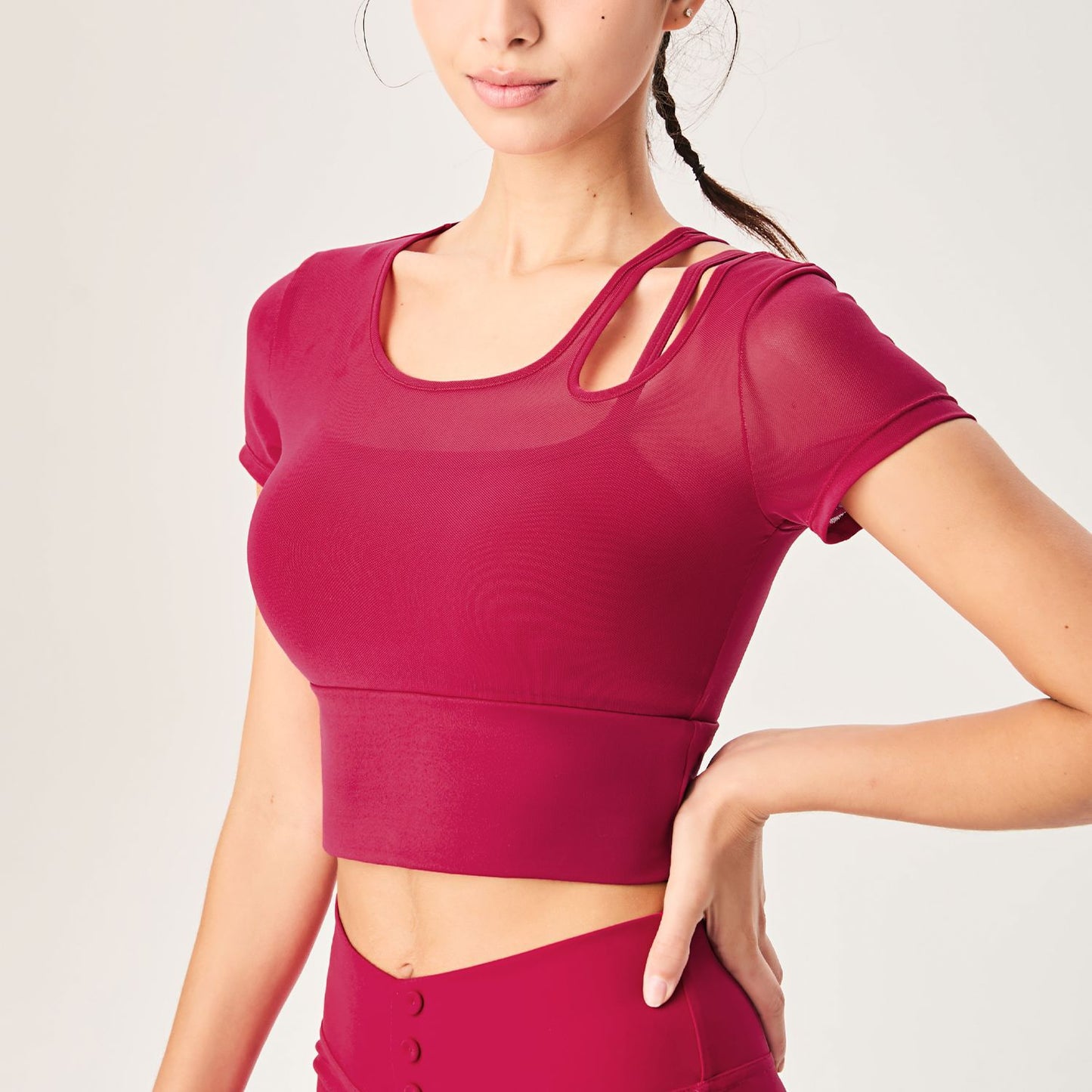 Lamshop's new hollowed-out waist mesh yoga short-sleeved indoor and outdoor sports quick-drying fake two fashionable versatile fitness tops