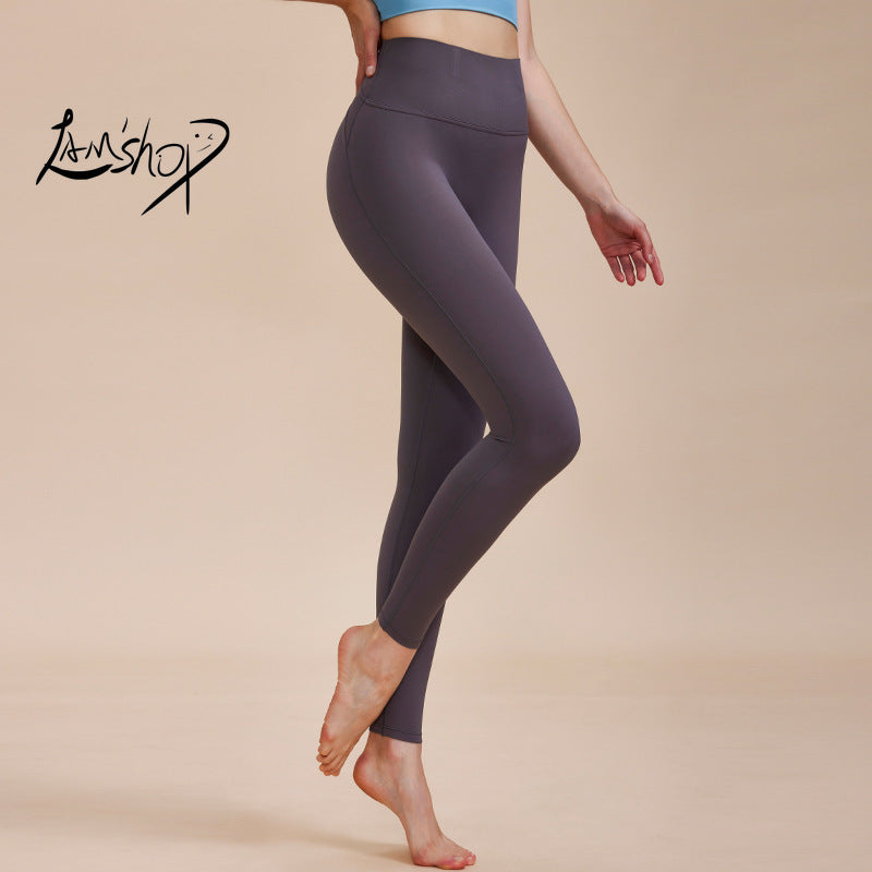 Lamshop's new high-waisted jelly belly yoga pants, women's non-strangling fish bone waist protection fitness running peach yoga pants