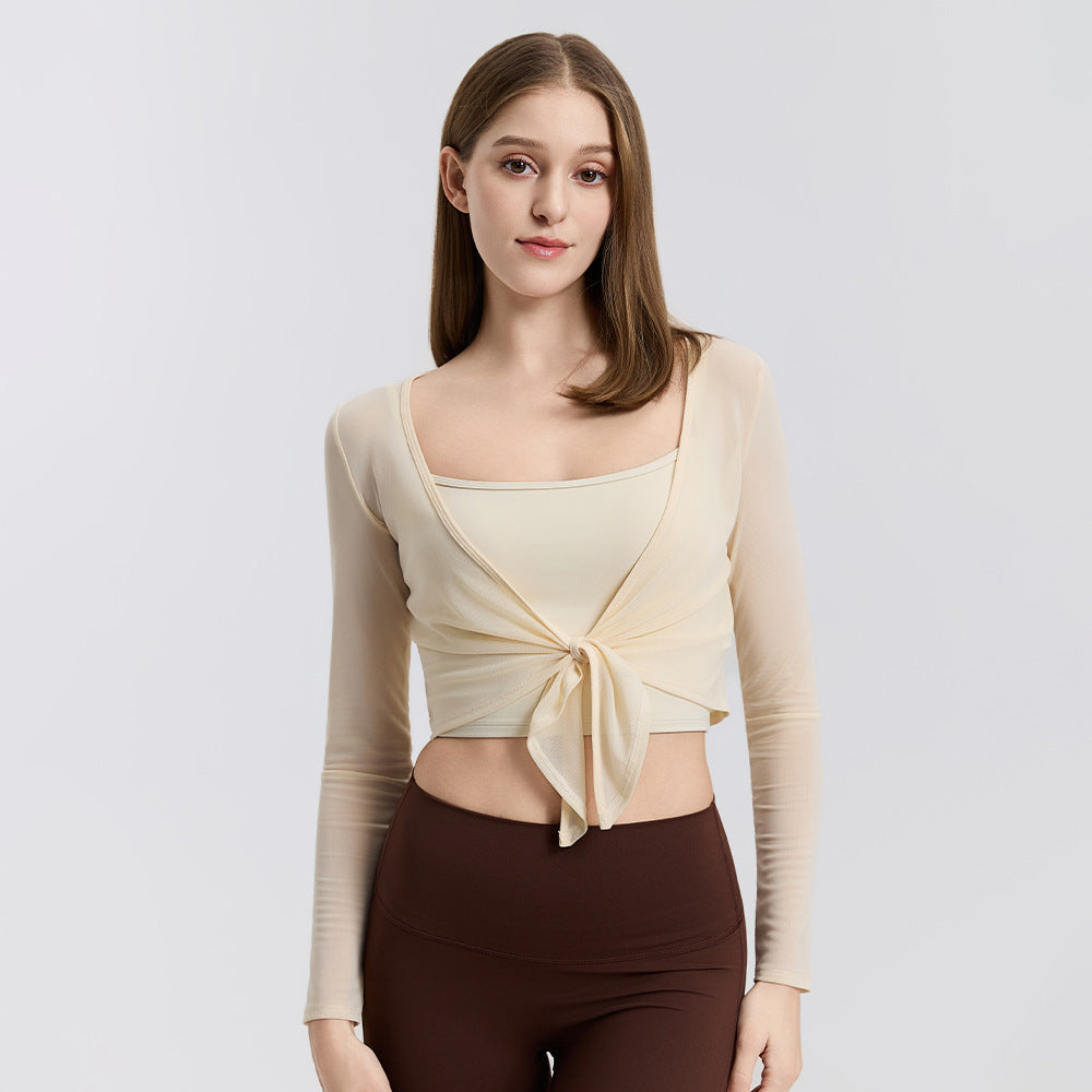 Mad lion two-piece yoga top set: tie-front long sleeve running quick-dry cover-up with built-in sports bra, all-in-one cup fitness dance top [sports bra + cover-up]