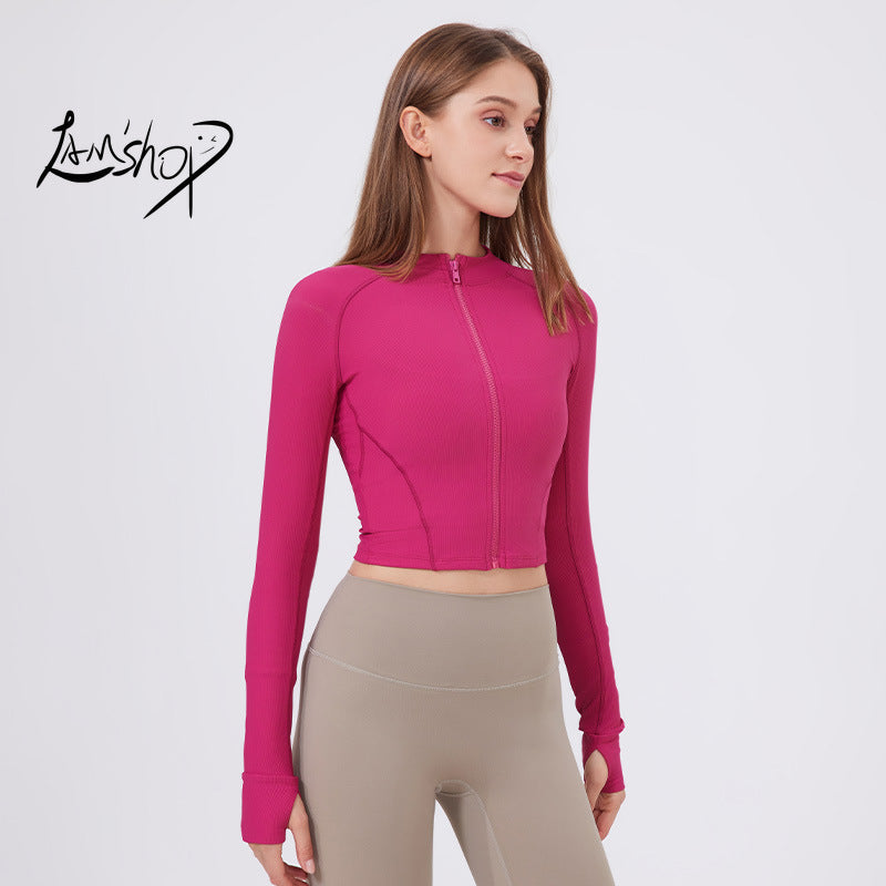 Lamshop Stand Collar Yoga Clothes Women's Zipper Slim Fit Sports Jacket High Elastic Outdoor Nude Feel Long Sleeve Running Fitness Clothes Top