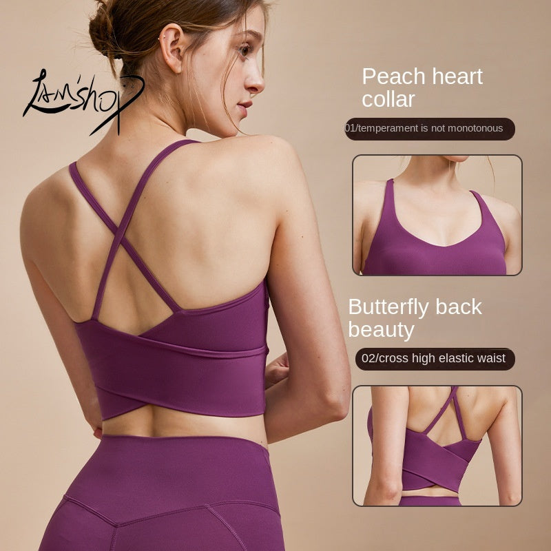 Lamshop High-Strength Yoga Vest One-Piece Cup Shockproof Breathable Beauty Back Top with Chest Pad Workout Exercise Underwear Women