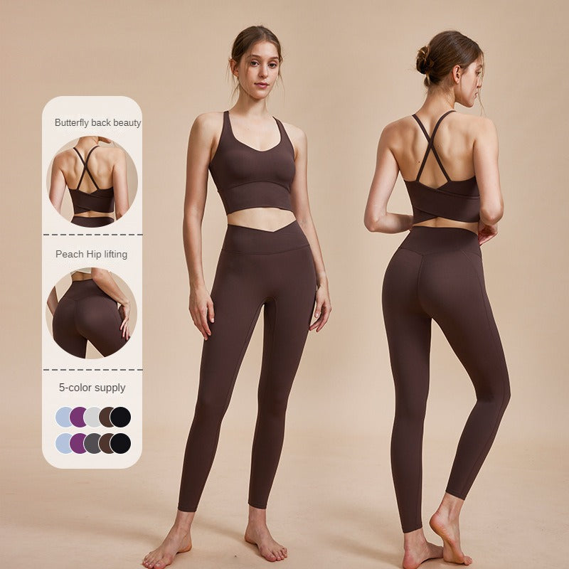 Lamshop New Cross Beauty Back Breathable Sports Bra High Waist Tight Hip Raise Yoga Pants Wear-Free Underwear Yoga Clothes Suit