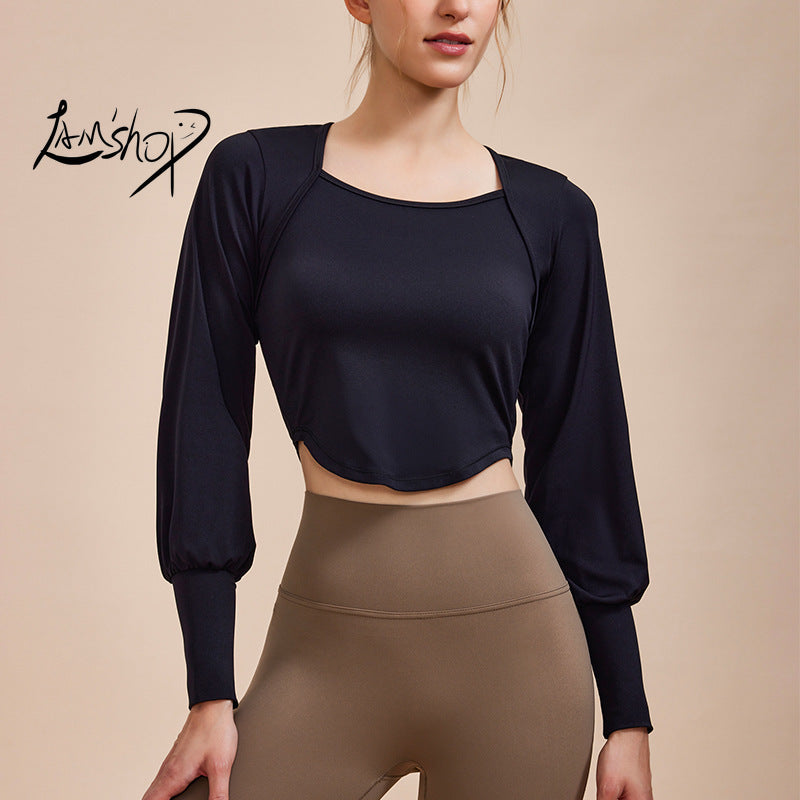 Lamshop Winter New Yoga Wear Long Sleeve Retro French Court Style Tight Sports Running Thin Flab Hiding Workout Clothes for Women