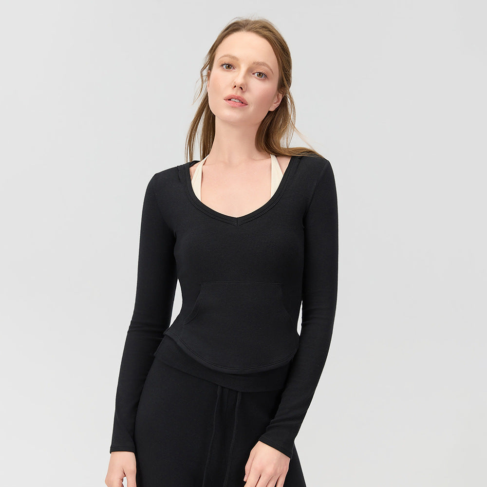 Mad lion thermal cashmere v-neck pocket outerwear fitness top running yoga long sleeve slim fit quick-dry sports t-shirt women's hoodie