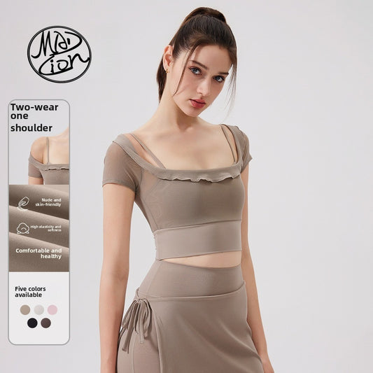 MAD LION pure desire wind lace mesh yoga clothes short sleeves with chest pads running quick drying sports bra one cup fitness clothes