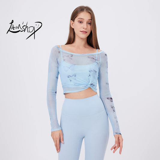 Lamshop flower butterfly fake two-piece sports T-shirt women's long sleeves, chest pad, yoga clothes, mesh top, quick-drying and thin fitness clothes