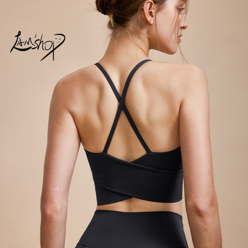 Lamshop High-Strength Yoga Vest One-Piece Cup Shockproof Breathable Beauty Back Top with Chest Pad Workout Exercise Underwear Women