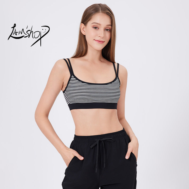 Lamshop Ribbed Yoga Vest Women's Shoulder Straps Sports Underwear Fixed Cup Striped Inner Small Suspender Beauty Back Fitness Bra