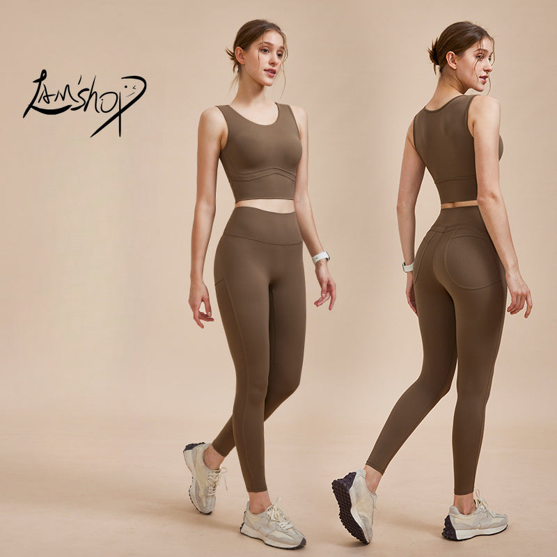 Lamshop New High-Strength Sports Bra Wide Shoulder Strap Yoga Vest High Waist Shaping Peach Pants Yoga Clothes Suit