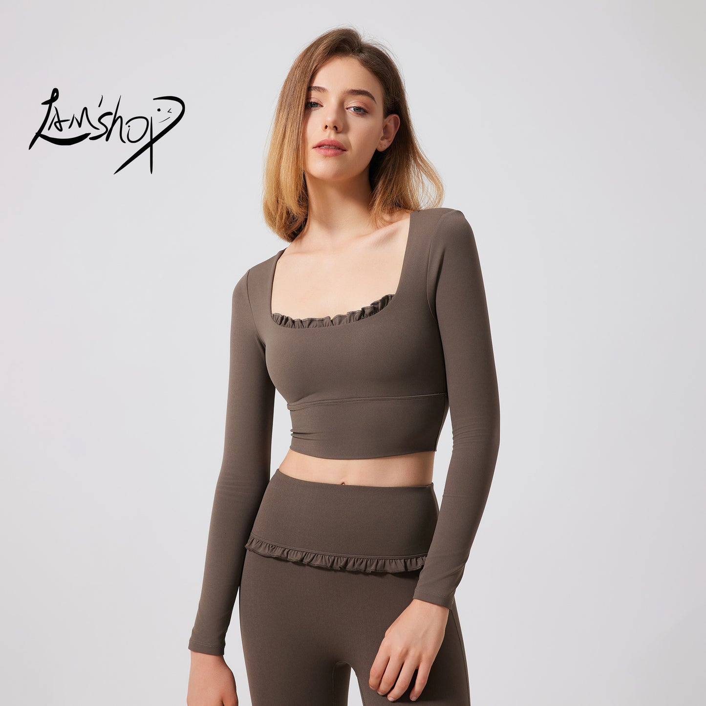 Lamshop autumn and winter nude lace yoga clothes long sleeves semi-fixed cup running slim sports bra breathable gym clothes top