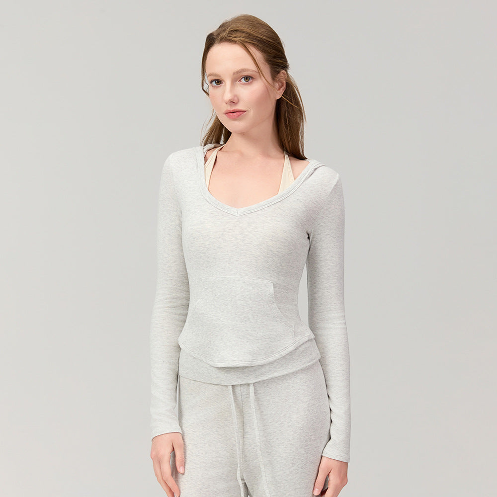 Mad lion thermal cashmere v-neck pocket outerwear fitness top running yoga long sleeve slim fit quick-dry sports t-shirt women's hoodie