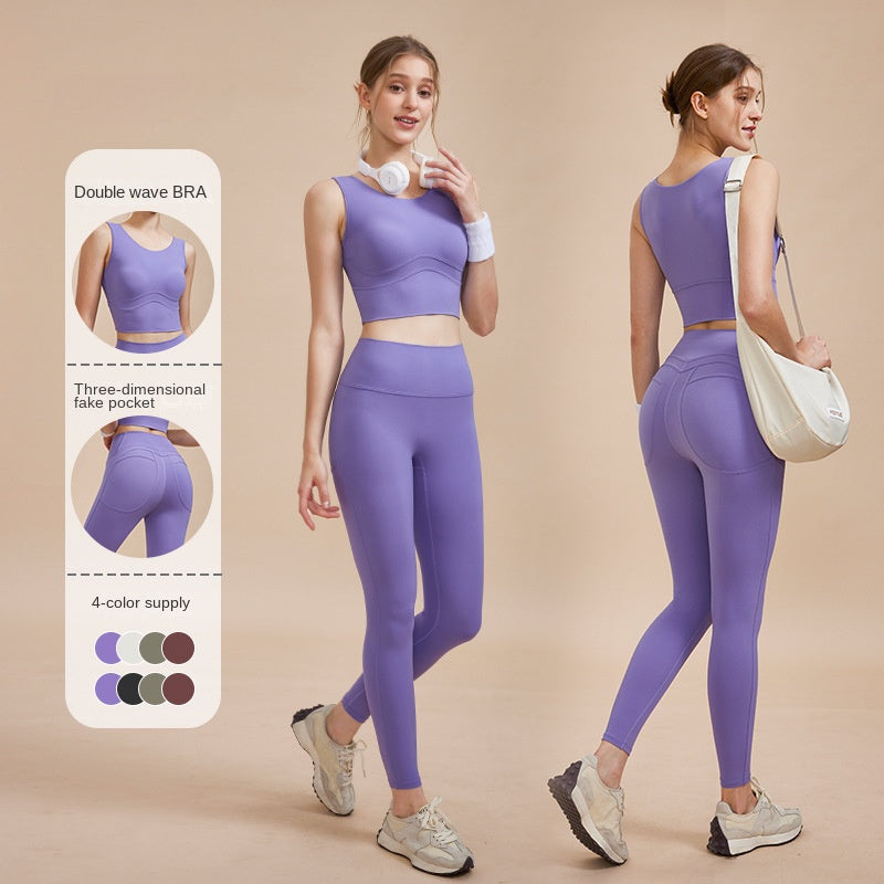 Lamshop New High-Strength Sports Bra Wide Shoulder Strap Yoga Vest High Waist Shaping Peach Pants Yoga Clothes Suit