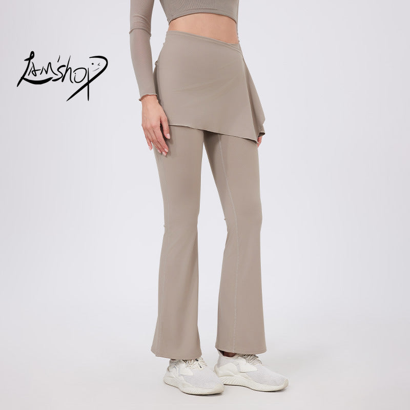 Lamshop two-piece set, high waist, pleated hips, nude yoga pants, fart curtains, running pants, breathable fitness flared pants