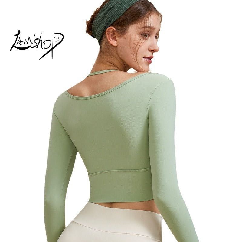 Lamshop Winter New Sexy Fake Two-Piece Yoga Clothes Long-Sleeved T-shirt Skinny Slimming Outdoor Sports Running Fitness Top