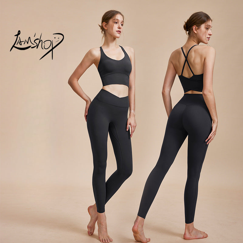 Lamshop New Cross Beauty Back Breathable Sports Bra High Waist Tight Hip Raise Yoga Pants Wear-Free Underwear Yoga Clothes Suit