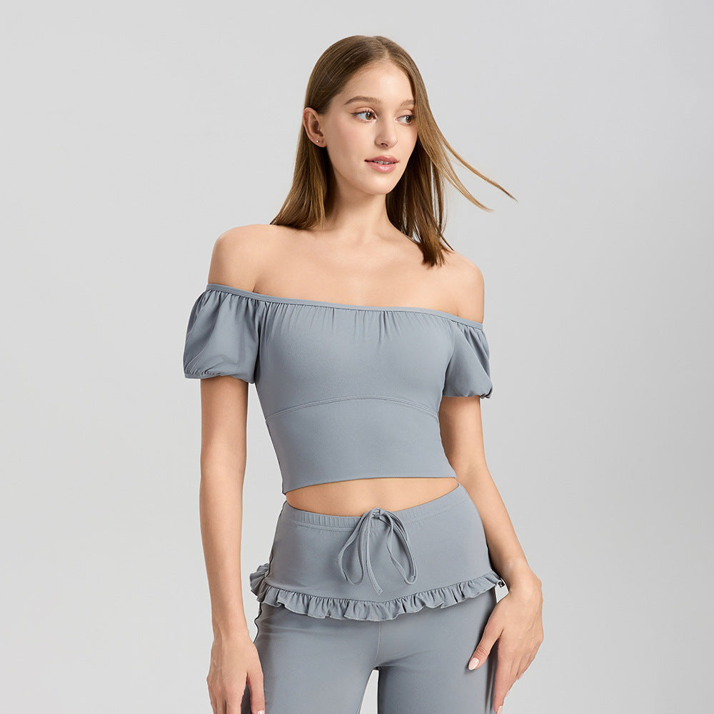 Mad lion bud sleeve off-shoulder yoga top with built-in bra - short sleeve, quick-dry activewear for running and fitness