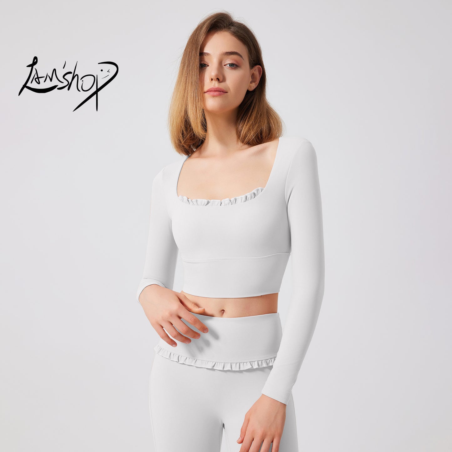 Lamshop autumn and winter nude lace yoga clothes long sleeves semi-fixed cup running slim sports bra breathable gym clothes top