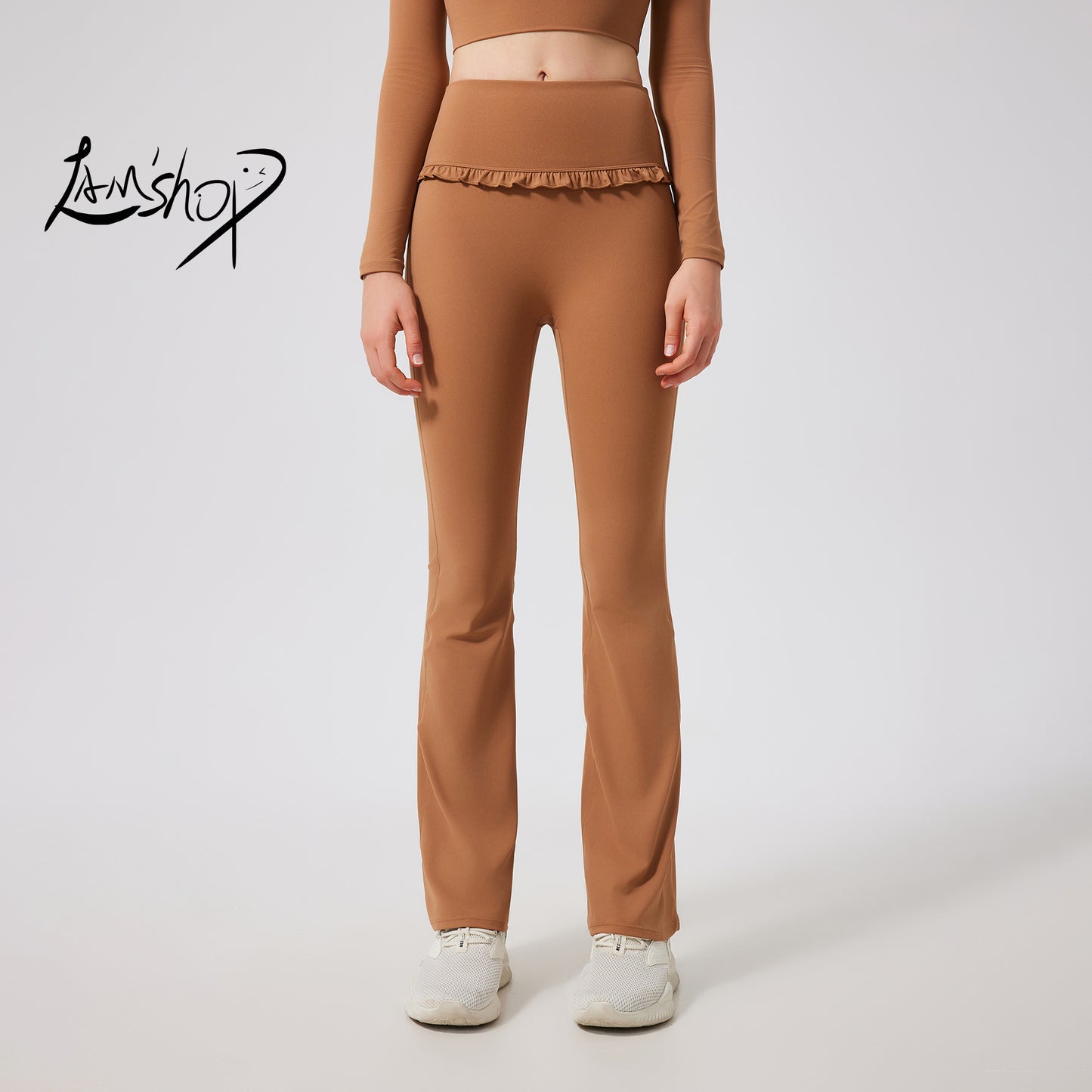 Lamshop ruffle edge slightly pulled yoga pants women's high waist and thin sports flared pants slim and breathable casual fitness trousers