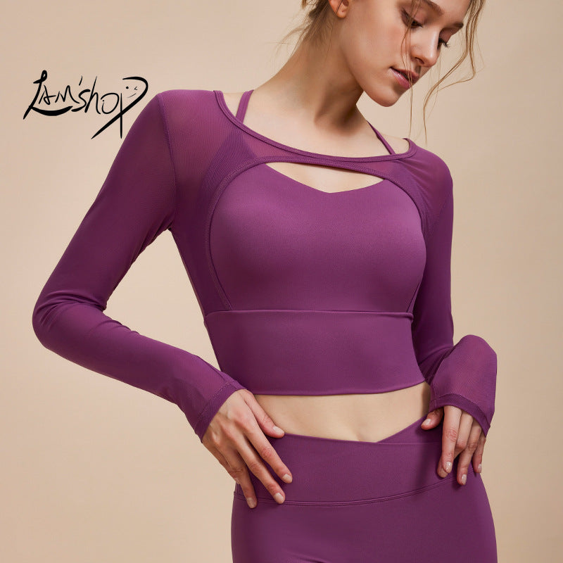 Lamshop New Sexy Fake Two-Piece Mesh Yoga Clothes Long Sleeve Tight Breathable Sports Running Workout Quick-Drying Top T-shirt