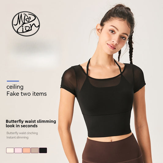Lamshop new mesh yoga clothes backless breathable and thin fitness outdoor sports clothes Pilates yoga quick-drying short sleeves