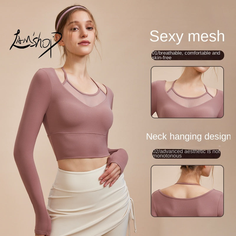 Lamshop Winter New Sexy Fake Two-Piece Yoga Clothes Long-Sleeved T-shirt Skinny Slimming Outdoor Sports Running Fitness Top