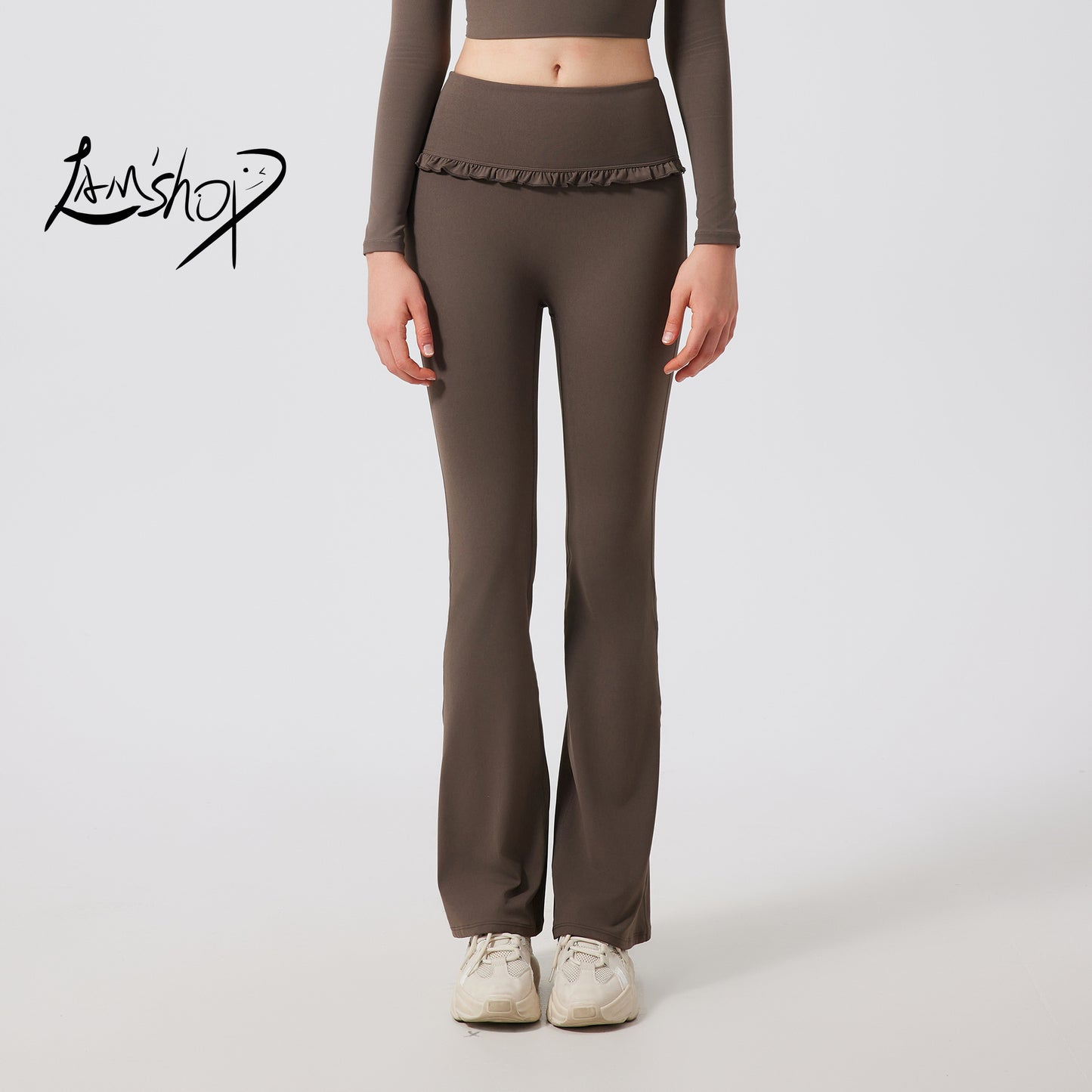 Lamshop ruffle edge slightly pulled yoga pants women's high waist and thin sports flared pants slim and breathable casual fitness trousers