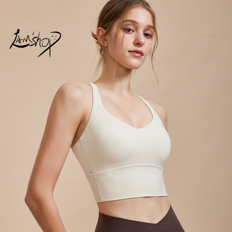 Lamshop High-Strength Yoga Vest One-Piece Cup Shockproof Breathable Beauty Back Top with Chest Pad Workout Exercise Underwear Women