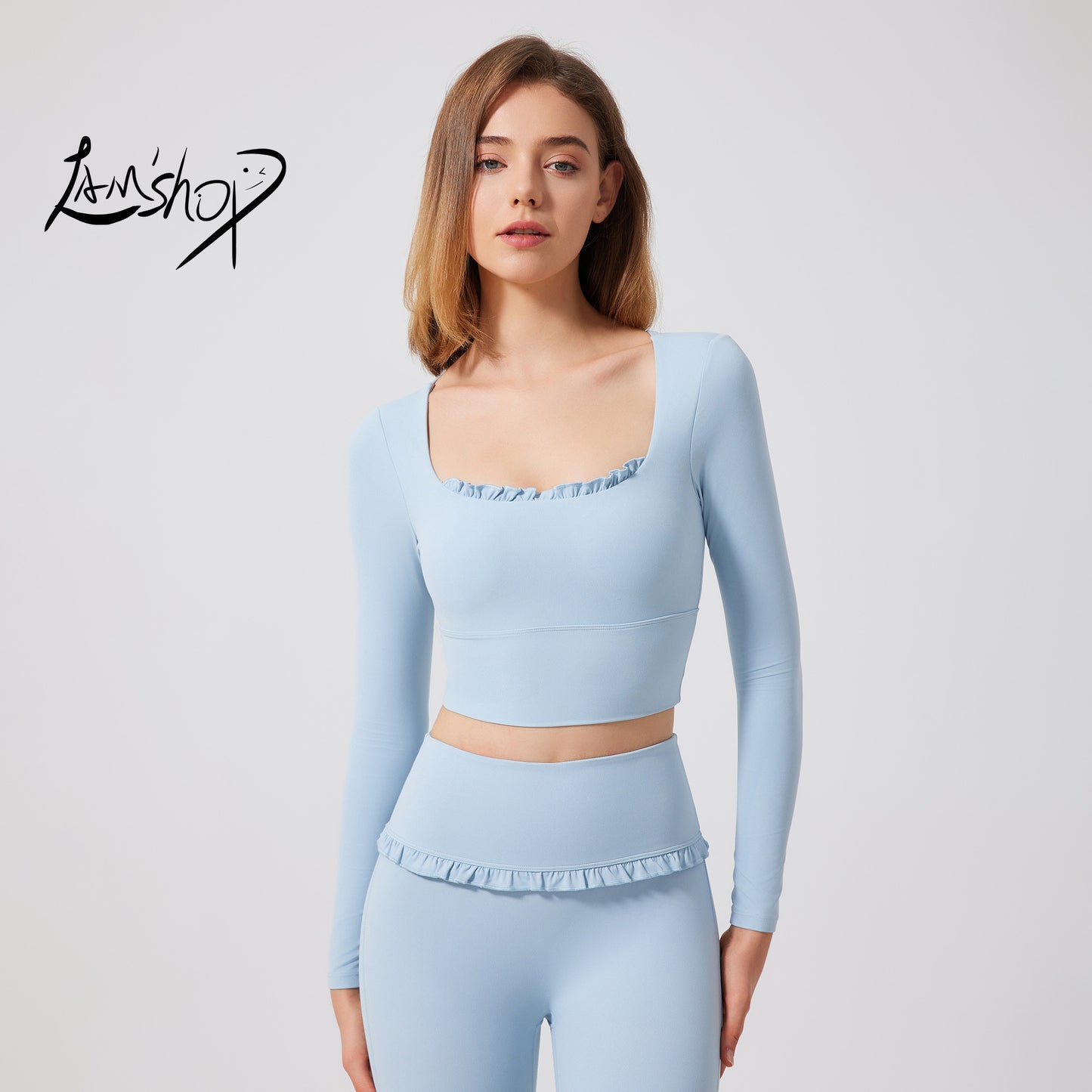 Lamshop autumn and winter nude lace yoga clothes long sleeves semi-fixed cup running slim sports bra breathable gym clothes top