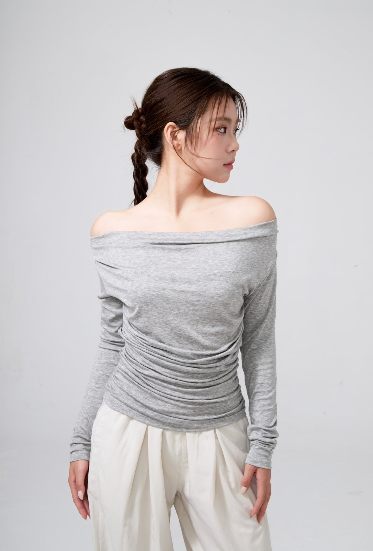 Fall and winterslimming look swing collar blouse side waist shirring korean style yoga clothes long sleeves sloping shoulders gentle yoga tops for women